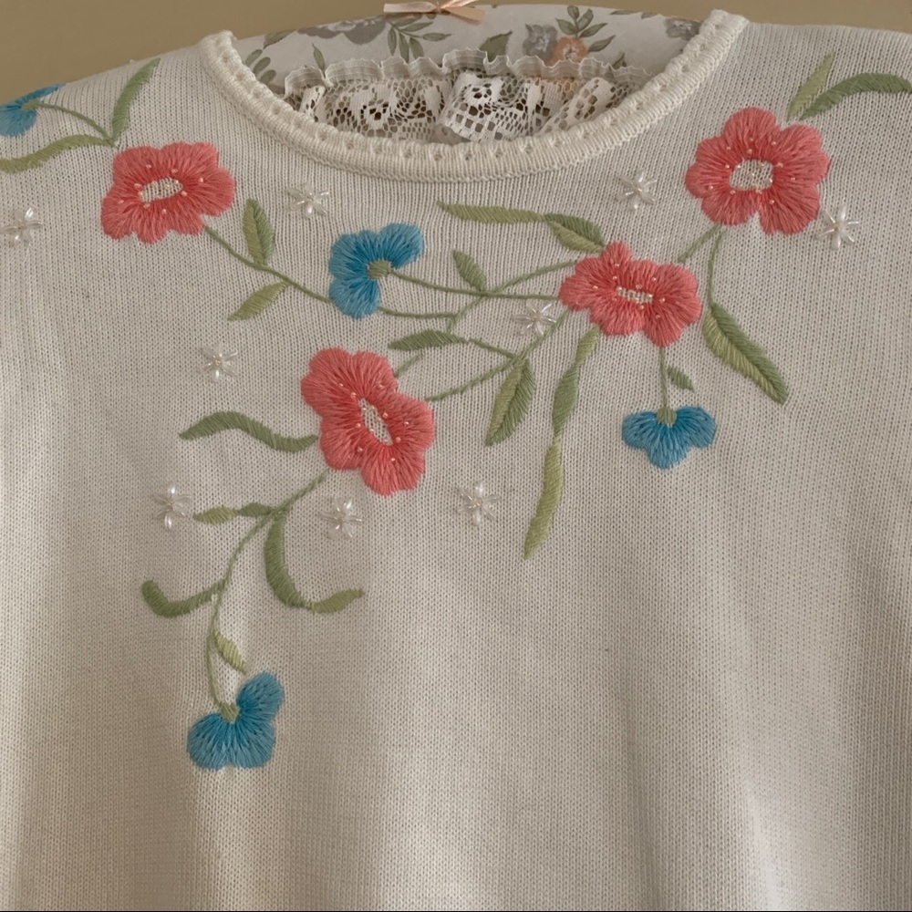 Vintage Cream Short Sleeve Cottagecore Floral Sweater SZ M - Picture 4 of 16